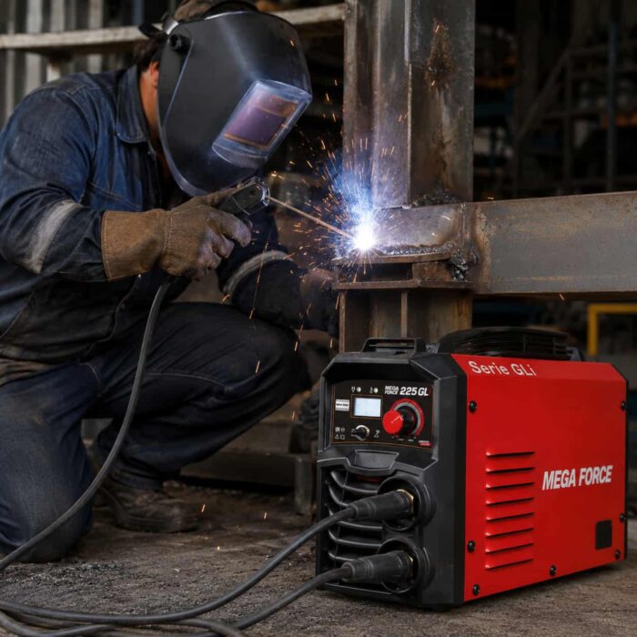Hombre soldando estructura de metal con soldadora Mega Force 225GLI de Lincoln Electric