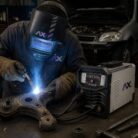 Soldador soldando una pieza automotriz en taller con la soldadora AXT-EM120LED de Axtech