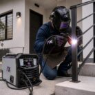Soldador trabajando en un barandal de escaleras con la soldadora AXT-EM120LED de Axtech