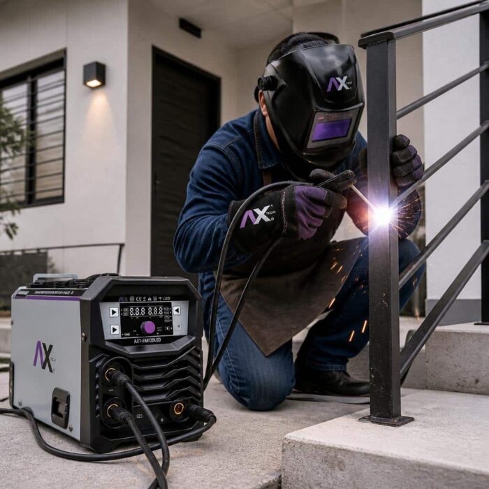 Soldador trabajando en un barandal de escaleras con la soldadora AXT-EM120LED de Axtech