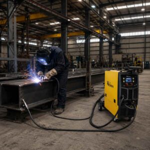 Hombre soldando con la máquina para soldar M251LCD en un taller industrial.