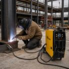 Hombre soldando con la máquina para soldar M251LCD en una construcción.