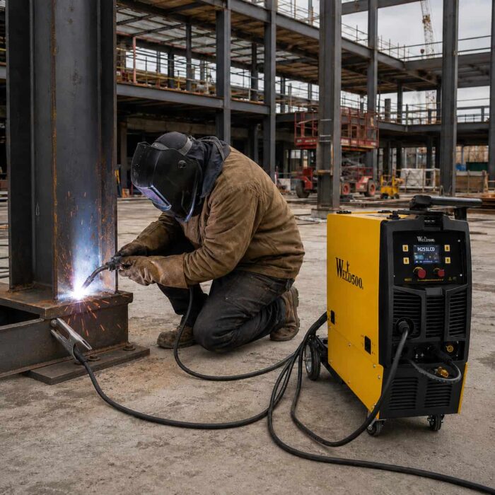 Hombre soldando con la máquina para soldar M251LCD en una construcción.