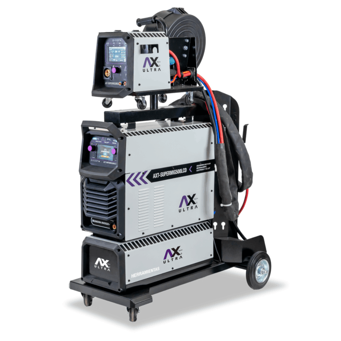 Imagen de la soldadora inversora AXT-SuperMIG500LCD en color hris y detalles morados, se observa su pantalla LCD