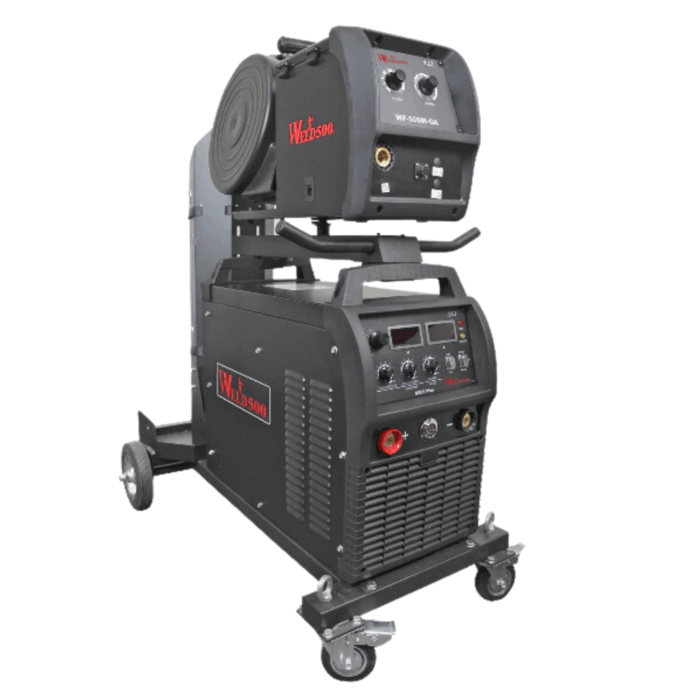 Imagen semilateral de la Máquina de Soldadura M500 Plus Weld 500 en color negro y detalles rojos