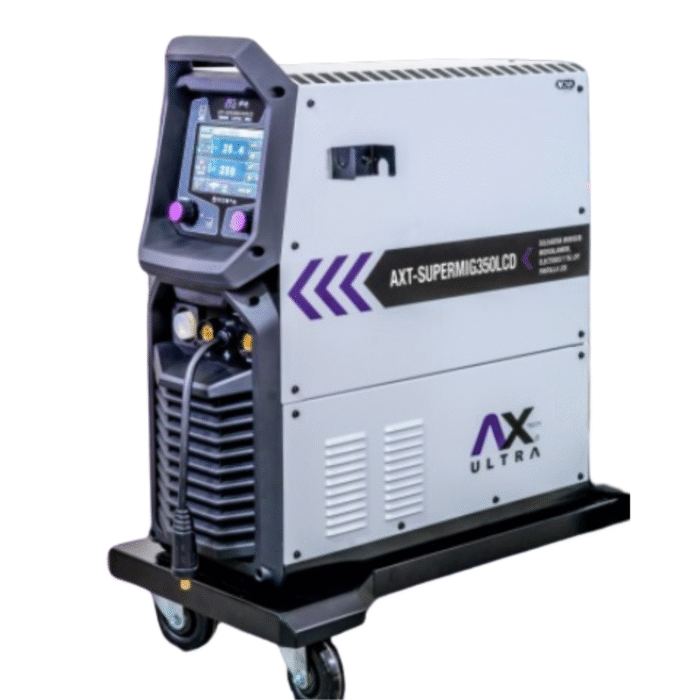 Imagen de la soldadora inversora AXT-SuperMIG350LCD en color gris y detalles en morado, con pantalla LCD