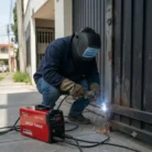 Hombre soldando con la Soldadora Inversora Lincoln Mega Force 185iD una puerta de metal de una casa