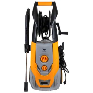 Imagen frontal de la Hidrolavadora Eléctrica CIC-HE160 que muestra su carrete para manguera y la pistola de presión.