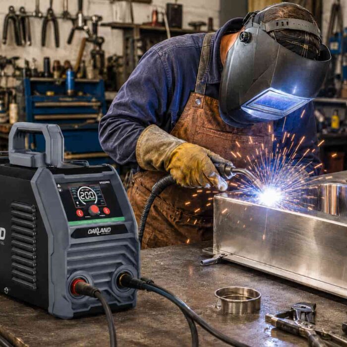 Soldador soldando un lavabo de metal con la máquina SP200PRO en taller