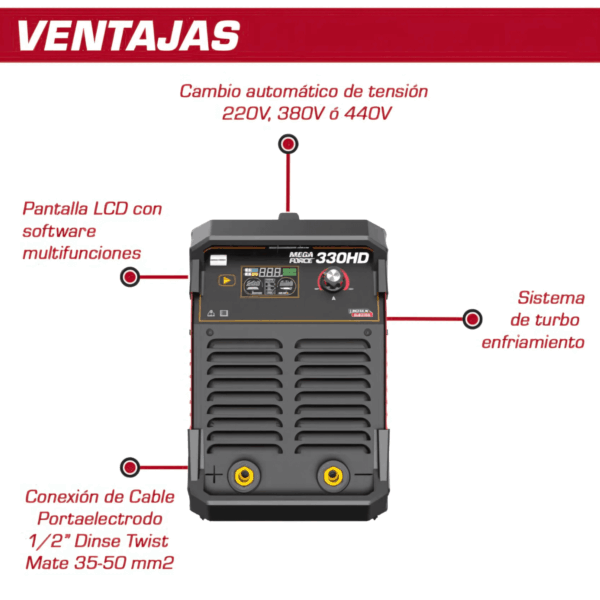 Soldadora Inverter MEGA FORCE 330 HD Electrodo y TIG 330A - Imagen 3