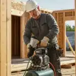 Profesional de la construcción utilizando un compresor para clavar, ideal para destacar el mantenimiento de compresores de aire.