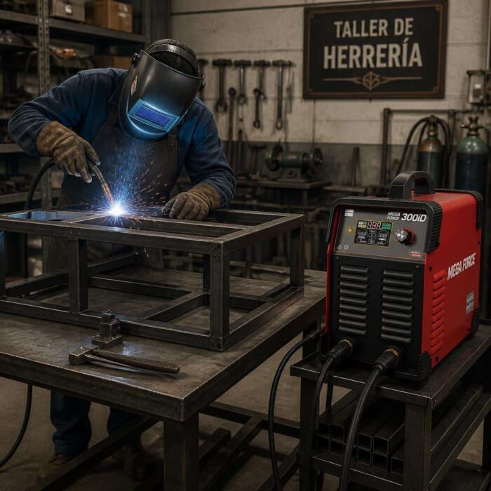 Soldador trabajando en un taller con la Soldadora Inverter MEGA FORCE 300 iD
