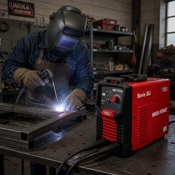 Soldador trabajando en taller con una máquina de soldar Soldadora Inverter MEGA FORCE 300 iD