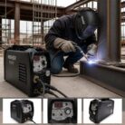Hombre soldando en construcción industrial con la Soldadora Inverter Kerher HD KTP200HD TIG/MMA