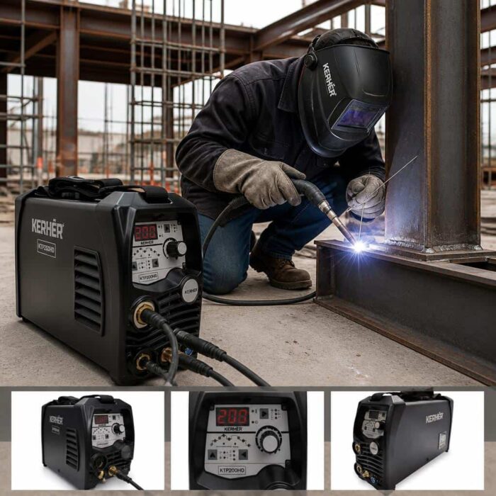 Hombre soldando en construcción industrial con la Soldadora Inverter Kerher HD KTP200HD TIG/MMA