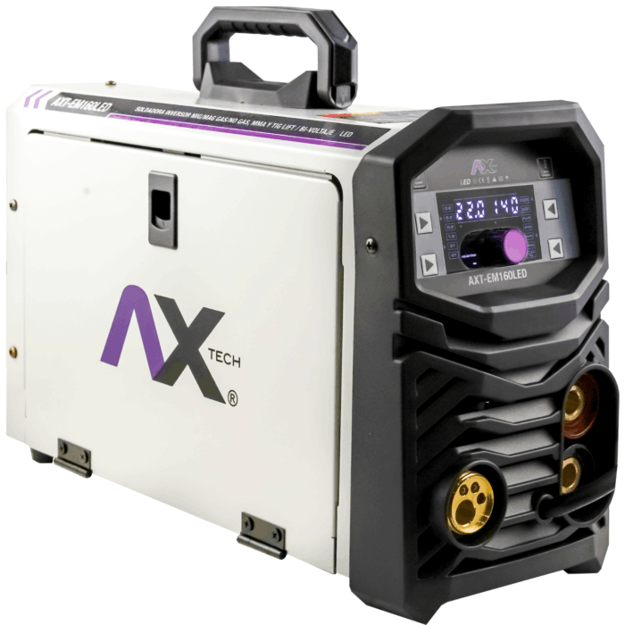 AXT-EM160LED 160A: soldadora MIG/MAG, FLUX, MMA y TIG Lift. 110/220V, sinergia, pantalla LED, 7.6 kg y alambre 0.8–0.9 mm. Ideal para herrería y talleres.