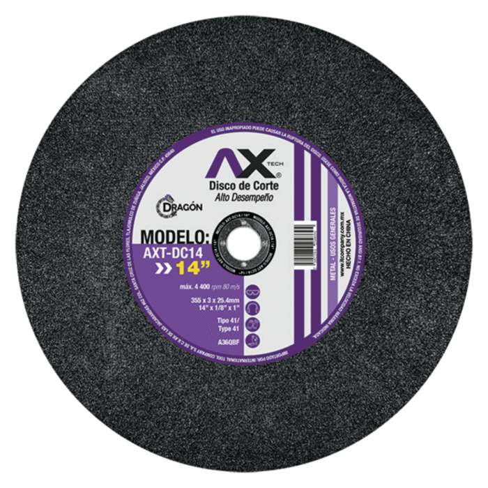 Disco de Corte Industrial AXT-DC14 14" (350×2×25.4 mm) Tipo 41 – Acero/Metal | 4,400 rpm, 80 m/s