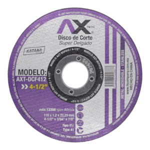 Disco de Corte Súper Delgado AXT-DCF412 4 1/2" (115×1.2×22.23 mm) Tipo 41 – Metal/Inox, 13,300 rpm.