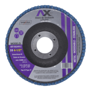 AXT-DLG40-Z: disco de desbaste 4 1/2” (115×22.23 mm) Tipo 27, óxido de zirconio, para metal e inoxidable (grano 40)