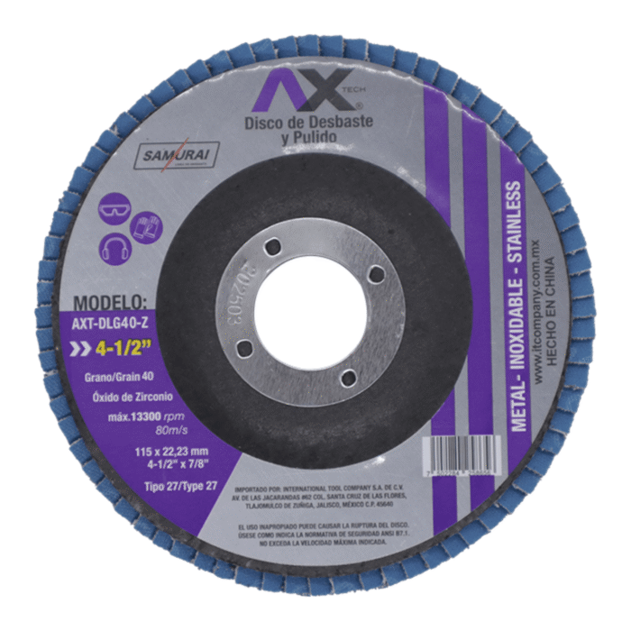 AXT-DLG40-Z: disco de desbaste 4 1/2” (115×22.23 mm) Tipo 27, óxido de zirconio, para metal e inoxidable (grano 40)