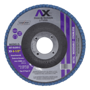 AXT-DLG60-Z: disco de desbaste 4 1/2” (115×22.23 mm) Tipo 27, zirconio grano 60 para metal e inoxidable