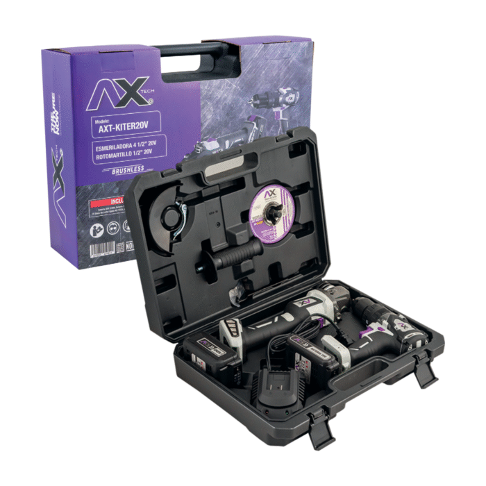 AXT-KITER20V: kit de herramientas inalámbrico 20V con esmeriladora 4 1/2”, rotomartillo 1/2”, 2 baterías, cargador y maletín