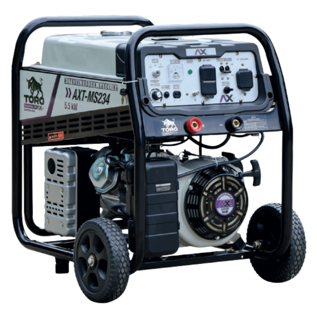 Motosoldadora a gasolina AXT-MS234 AX Tech de 200 A y 5.5 kW, línea TORO, con bastidor tubular, llantas y tablero con medidor, contactos y bornes de soldadura
