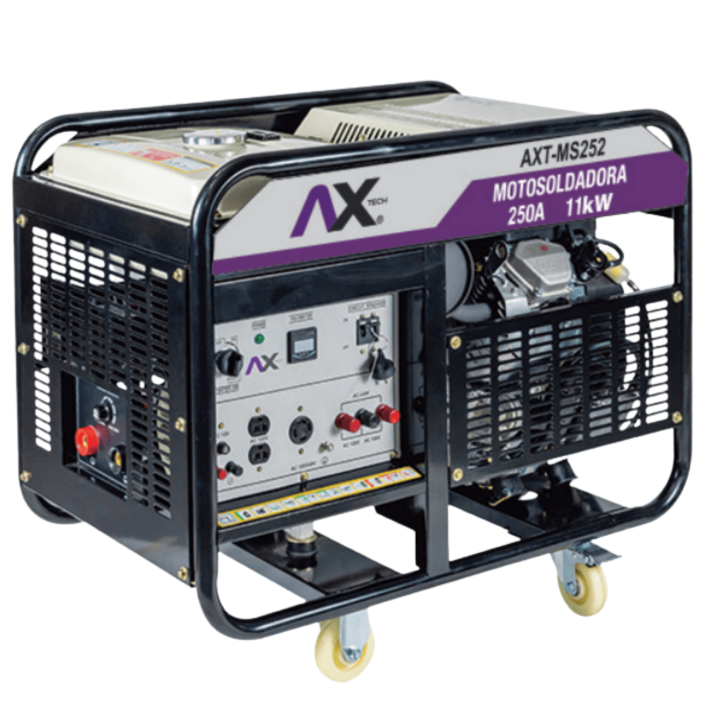 Motosoldadora a gasolina AXT-MS252 AX Tech de 250 A y 11 kW, con bastidor tubular, llantas y tablero con medidor, contactos y bornes de soldadura