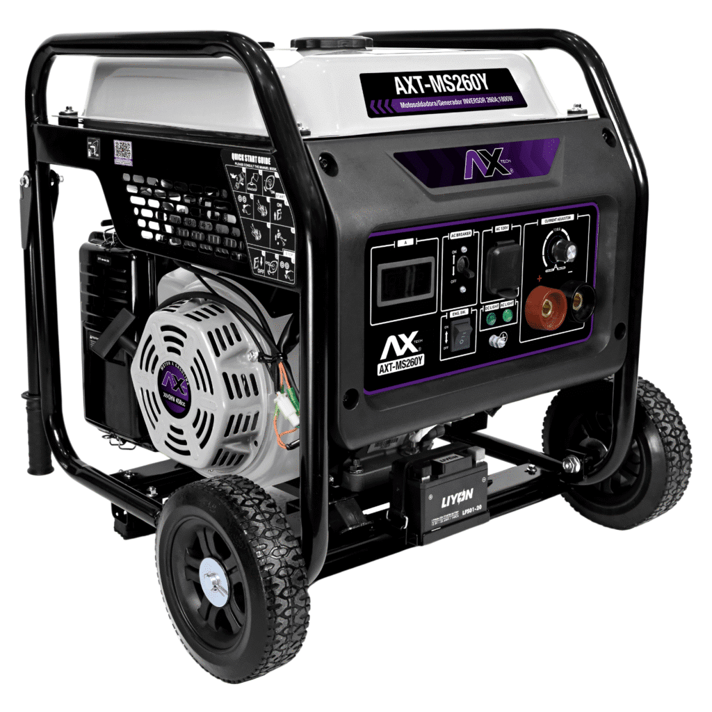 Motosoldadora inverter a gasolina AXT-MS260Y de Axtech, con bastidor tubular, llantas, batería y tablero con amperímetro, contacto de 120 V y bornes de soldadura