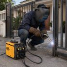 Hombre soldando puerta metálica de una casa con la soldadora VOL-MIG114 de VOLT