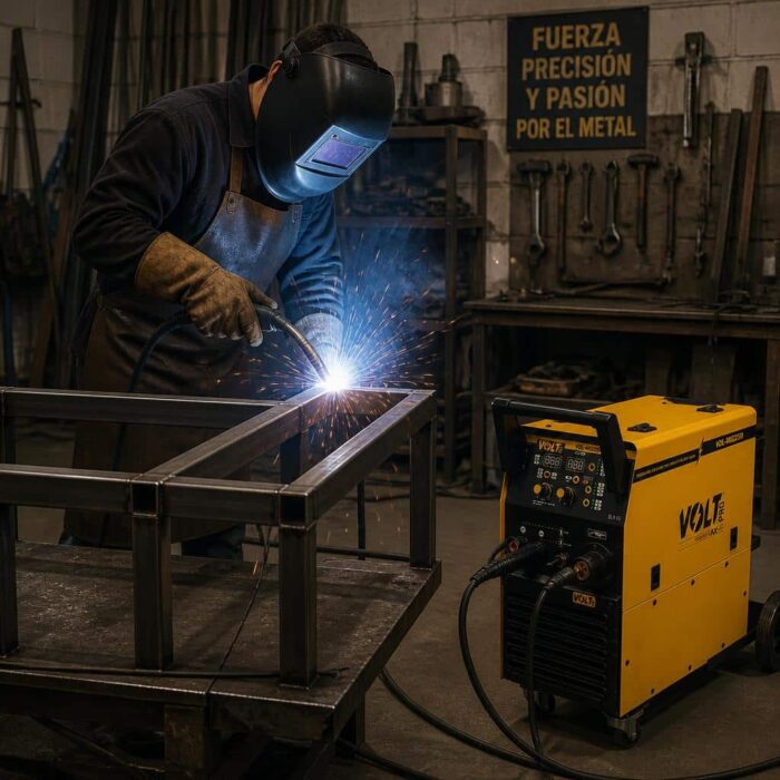 Soldador trabajando con máquina de soldar VOL-MIG250 Soldadora Inverter MIG/MAG 250A de Volt