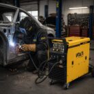 Soldador trabajando en un automóvil con la Soldadora Inverter VOL-MIG250 MIG/MAG 250A
