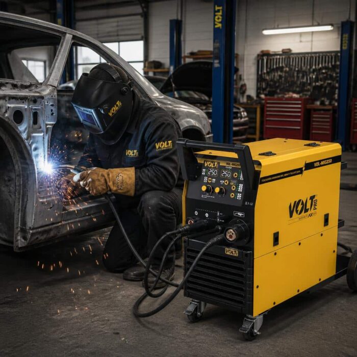Soldador trabajando en un automóvil con la Soldadora Inverter VOL-MIG250 MIG/MAG 250A