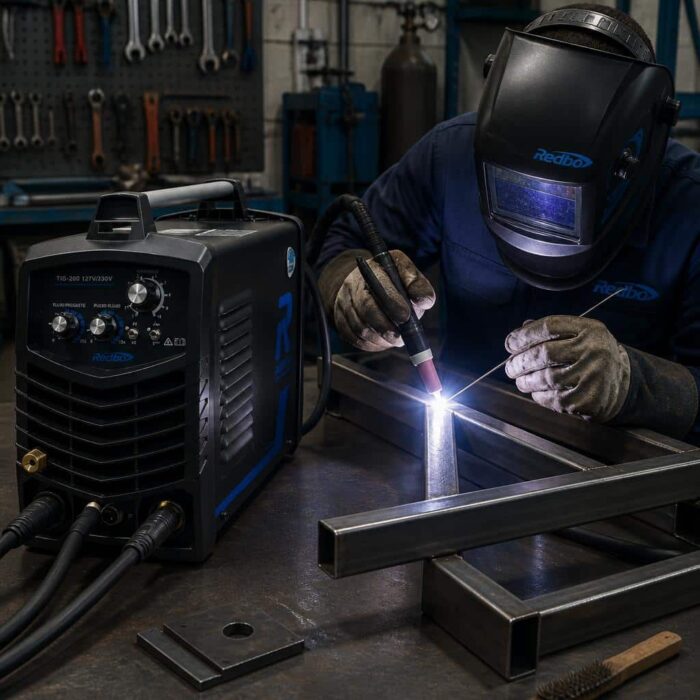 Soldador trabajando con la soldadora MMA 200 de RedBo máquina TIG.