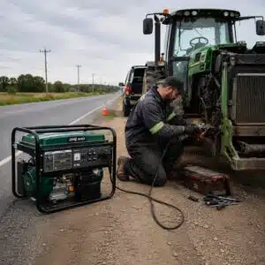 Hombre reparando tractor en carretera con el generador G6000 Oakland