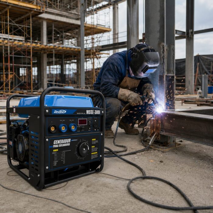 Soldador soldando con la motosoldadora MSSE-300i de RedBo en una construcción