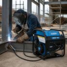 Soldador trabajando con motosoldadora MSSE-160i de RedBo en construcción.