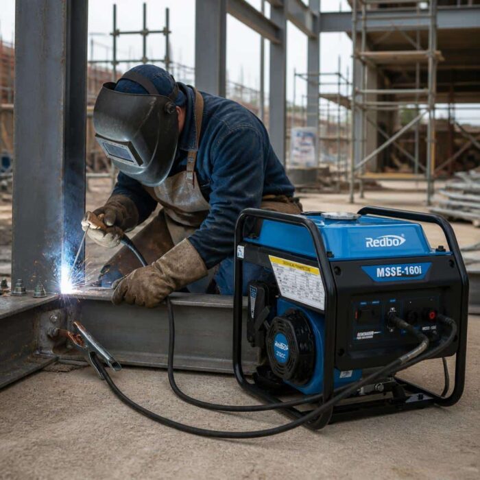Soldador trabajando con motosoldadora MSSE-160i de RedBo en construcción.