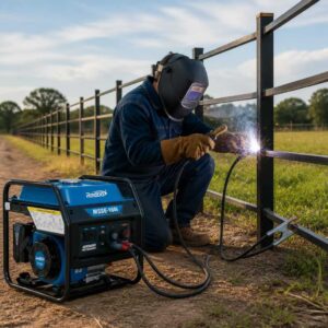 Soldador trabajando en una cerca con la Motosoldadora MSSE-160i de RedBo