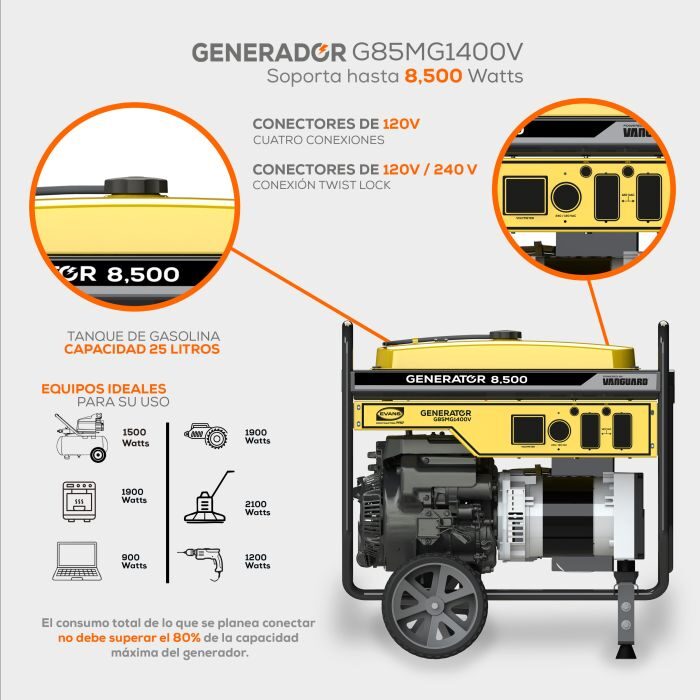 Generador electrico gasolina G85MG1400V, generador de luz industrial.