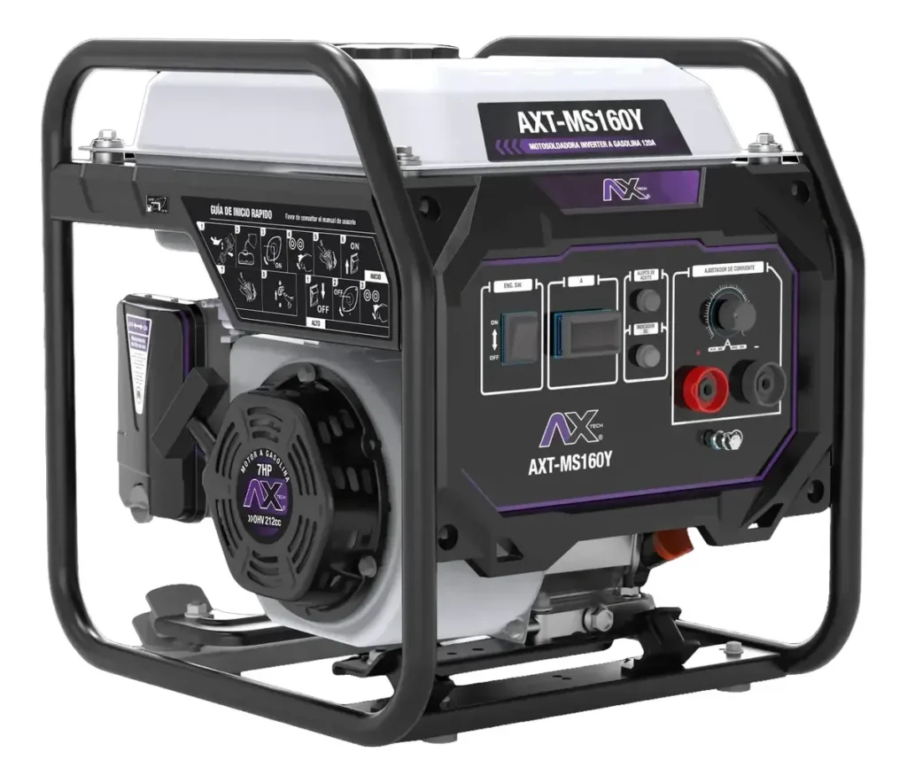 Motosoldadora inverter a gasolina AXT-MS160Y de Axtech, compacta, con bastidor tubular, arranque retráctil y tablero con amperímetro y bornes de soldadura