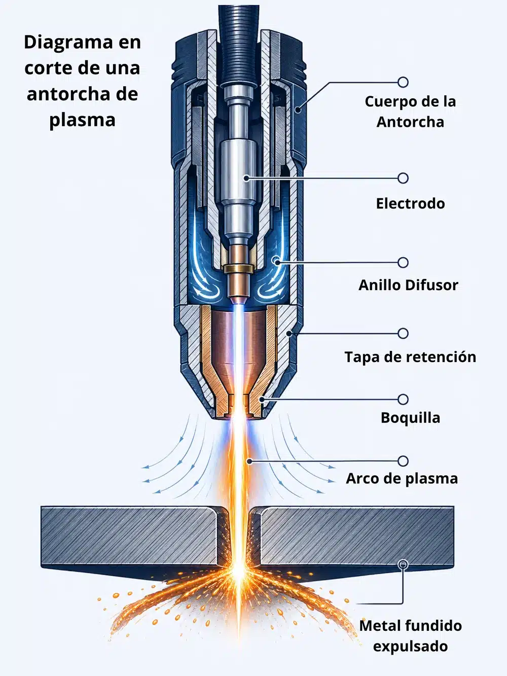 Diagrama en corte de una antorcha de plasma con electrodo, anillo difusor, boquilla y arco de plasma cortando una placa de acero