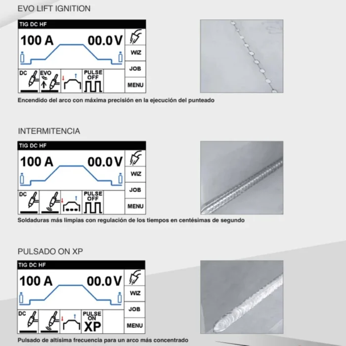 EVO LIFT IGNITION, intermitencia y pulsado XP de la Cebora WIN TIG AC-DC 340 T Pantallas y cordones de la Cebora WIN TIG AC-DC 340 T con EVO LIFT IGNITION, intermitencia y pulsado XP