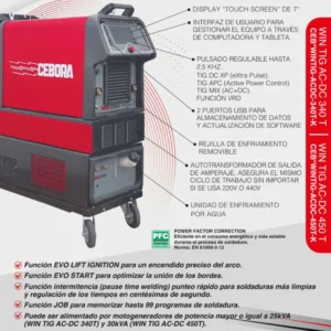 Funciones de la Cebora WIN TIG AC-DC 340 T: pantalla táctil de 7 pulgadas, pulsado hasta 2.5 kHz, TIG XP, APC, MIX y VRD