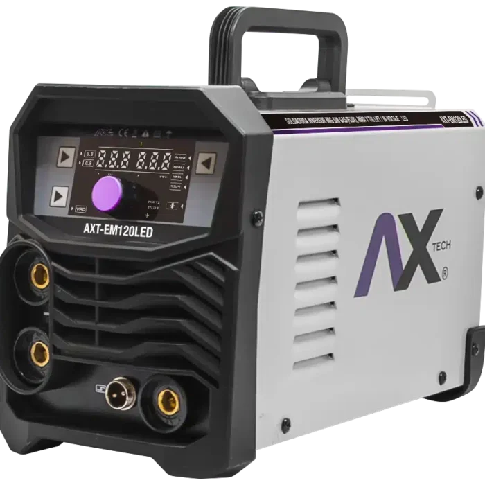 soldadora-axt-em120led-microalambre-frontal Soldadora AXT-EM120LED Axtech de microalambre sin gas, vista frontal en tres cuartos con antorcha MIG