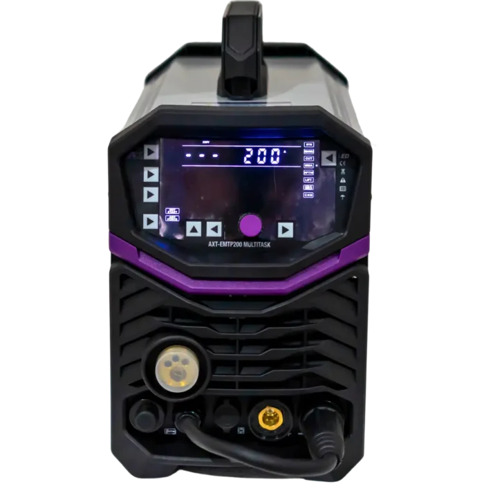 Soldadora AXT-EMTP200 Multitask Axtech de 200 A, vista frontal con pan Soldadora AXT-EMTP200 Multitask Axtech de 200 A, vista frontal con pantalla LED