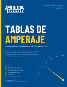 Portada del PDF Tablas de amperaje 2026 de Solda Express: electrodo, microalambre con gas, tubular sin gas y TIG