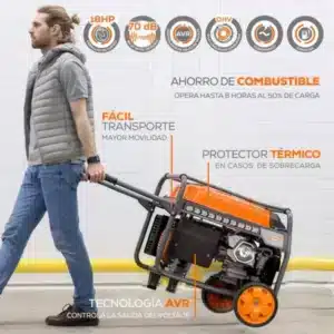 Características del generador Evans G100MG1800THW: motor de 18 HP, AVR, hasta 8 horas al 50 % de carga y ruedas con manija