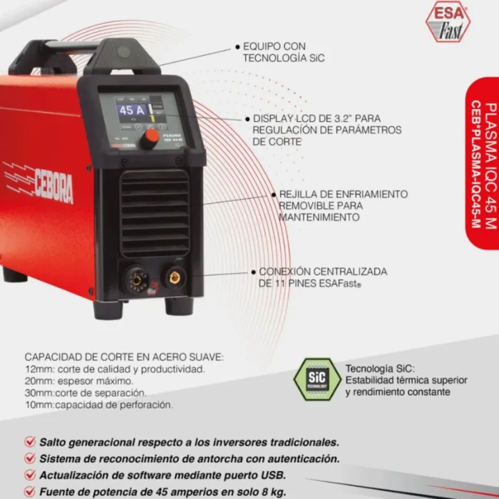 Características de la Cebora PLASMA IQC 45 M: tecnología SiC, pantalla LCD de 3.2 pulgadas, conexión ESAFast de 11 pines y corte de calidad en 12 mm