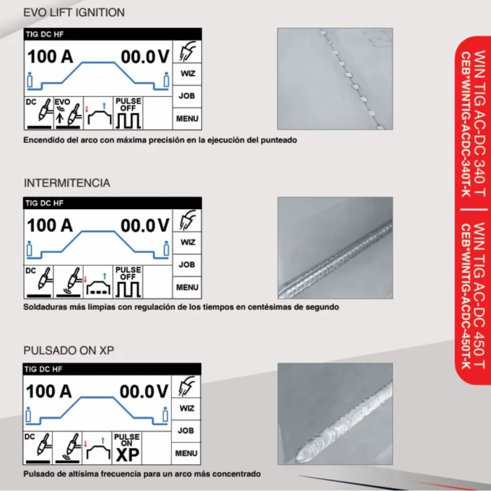 EVO LIFT IGNITION, intermitencia y pulsado XP de la Cebora WIN TIG AC-DC 450 T Pantallas y cordones de la Cebora WIN TIG AC-DC 450 T con EVO LIFT IGNITION, intermitencia y pulsado XP